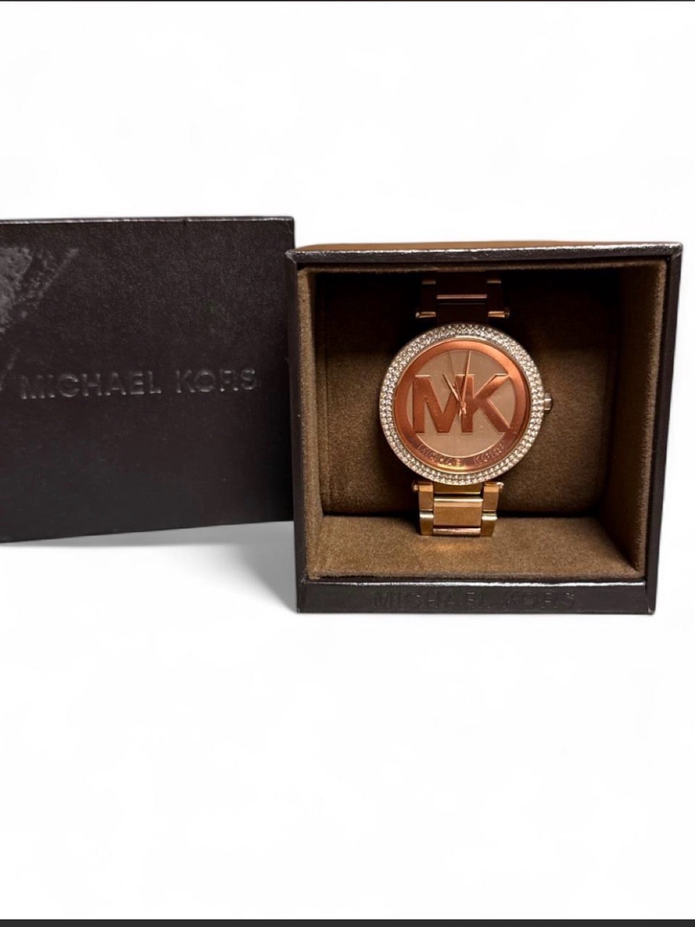 Michael Kors Women’s Rose Gold-tone MK Logo Crystal Bezel Watch